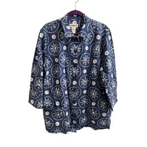 Easy Spirit 100% Linen Blue White Floral Beaded Jacket 2X Cottagecore